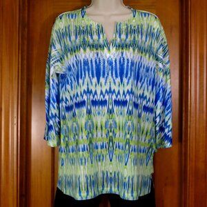 Chico's V-Neck Tunic White/Lime/Royal 3/4 Sleeve Knit